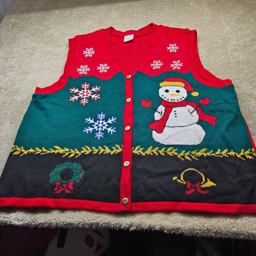 Style Studio Womens 3X Christmas Sweater Vest Snowman Snowflake Red Metallic